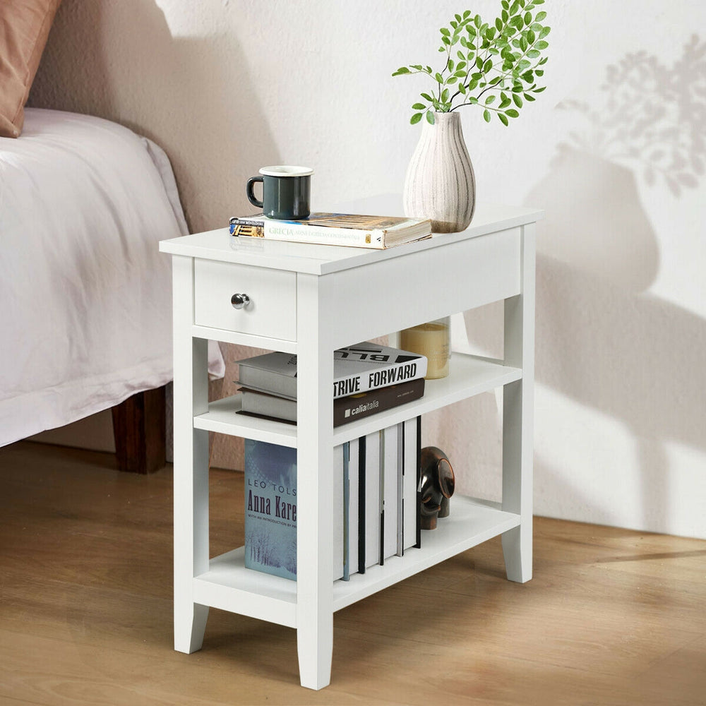 3-Tier Nightstand Bedside Table Sofa Side with Double Shelves Drawer-White - Gallery View 1 of 11