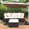 L-shaped rattan sectional sofa set with white cushions and ottoman, perfect for outdoor patios and gardens.
