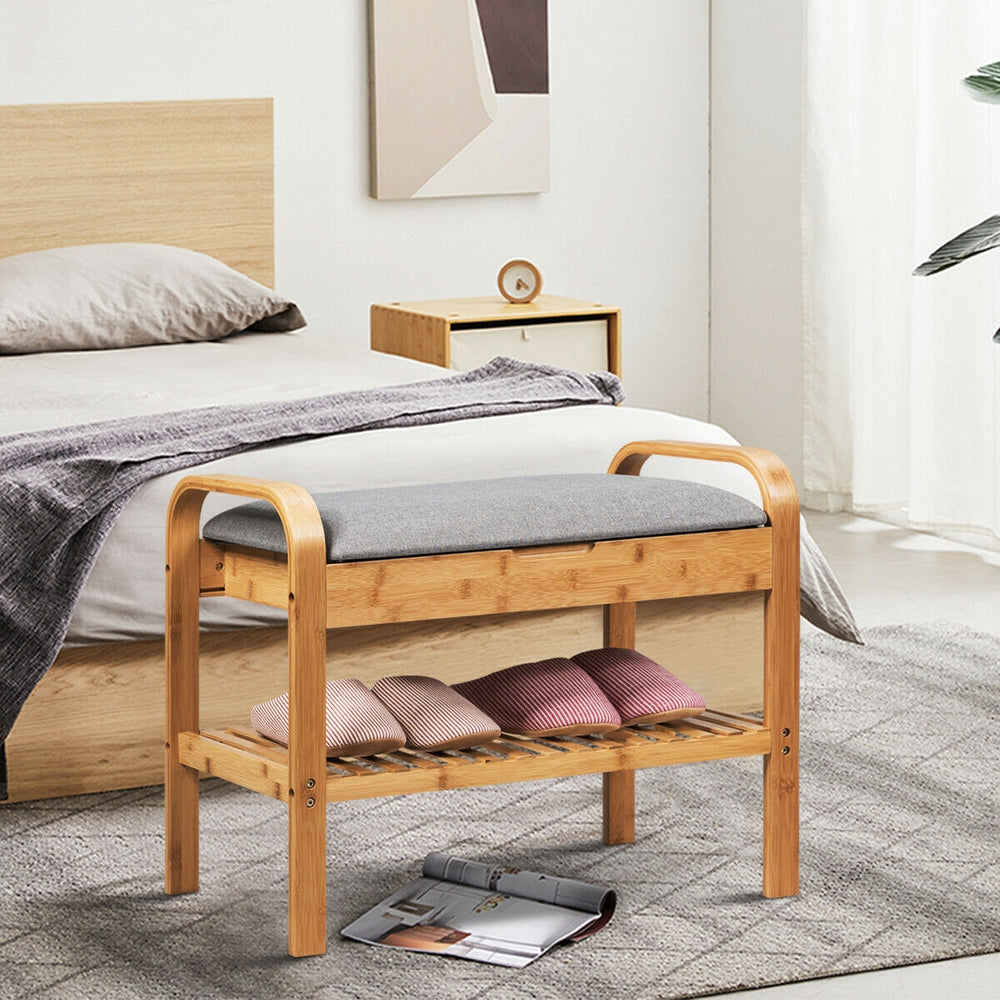 Bamboo shoe rack bench with storage shelf, ergonomic design, suitable for entryway or bedroom, holds up to 330 lbs.