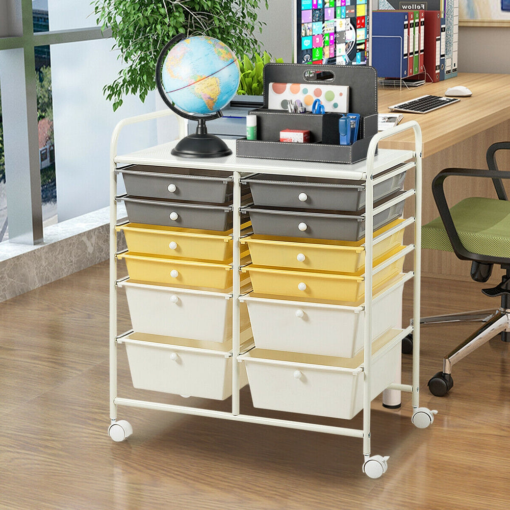 12 Drawers Rolling Cart Storage Scrapbook Paper Organizer Bins-Yellow - Gallery View 1 of 12