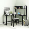 L-shaped black corner desk with open storage hutch, ideal for multitasking in home or office settings.