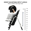 Foldable high chair with adjustable backrest showing height settings, designed for safety and easy cleaning.