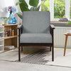 Gray fabric accent armchair with rubber wood frame, thick cushion, and ergonomic armrests for comfortable seating.