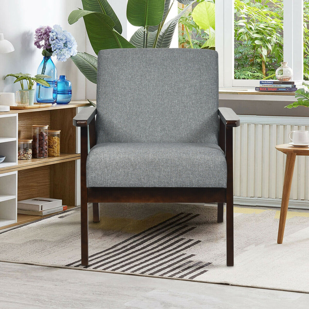 Gray fabric accent armchair with rubber wood frame, thick cushion, and ergonomic armrests for comfortable seating.