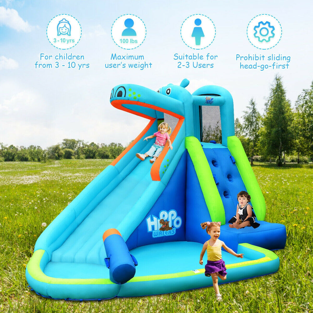 Hippo inflatable water slide bounce house with climbing wall and splash pool, ideal for kids ages 3-10 for summer fun.