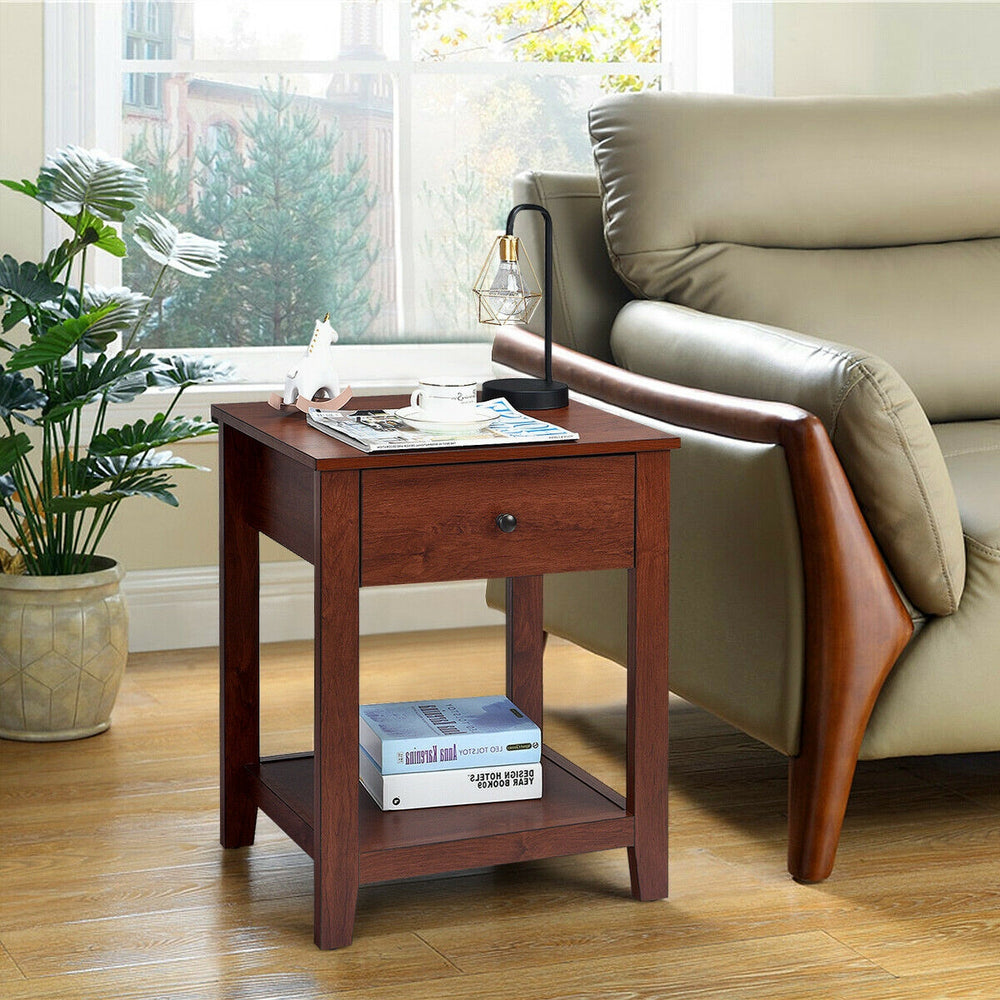 Wooden nightstand with drawer and open shelf, crafted from particleboard, ideal for bedroom or living room storage.