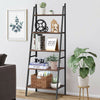5-tier leaning bookshelf made of wood and metal, featuring a stylish trapezoidal design for compact storage in any room.