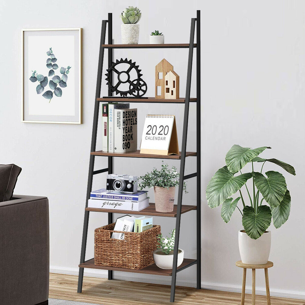 5-tier leaning bookshelf made of wood and metal, featuring a stylish trapezoidal design for compact storage in any room.