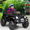 Black 12V kids ride-on truck with remote control, spacious seat, LED lights, and magnetic doors for outdoor fun.
