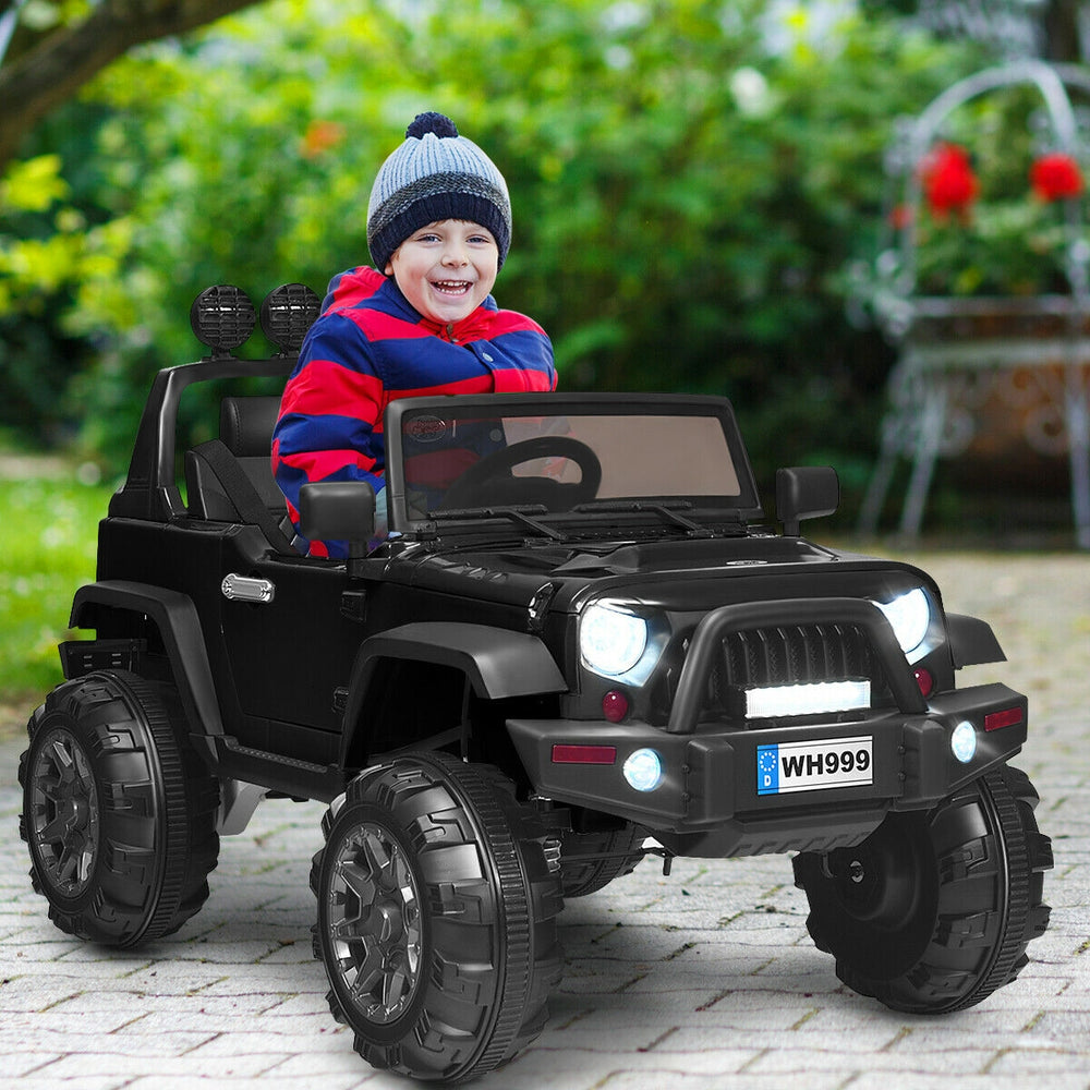 Black 12V kids ride-on truck with remote control, spacious seat, LED lights, and magnetic doors for outdoor fun.