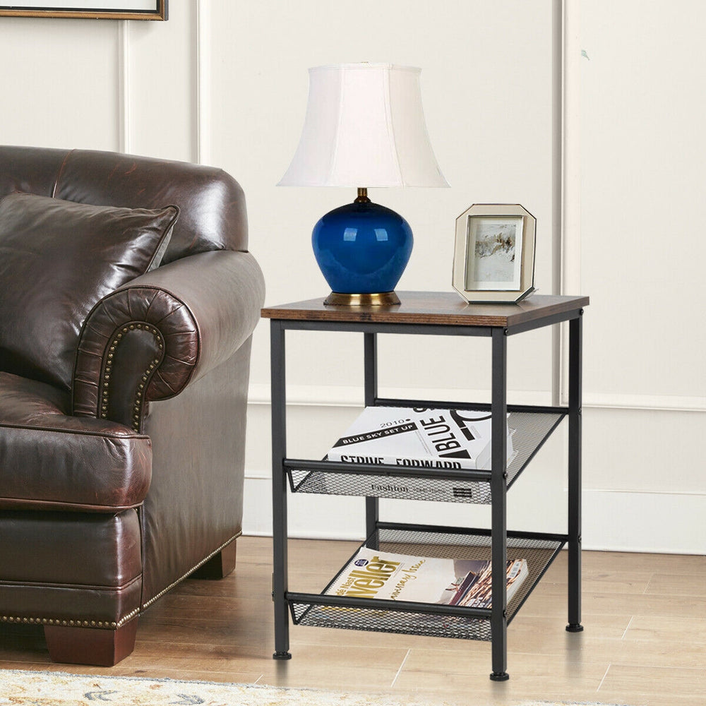 3-tier industrial end table with adjustable mesh shelves and sturdy steel frame, perfect for living room or bedroom use.