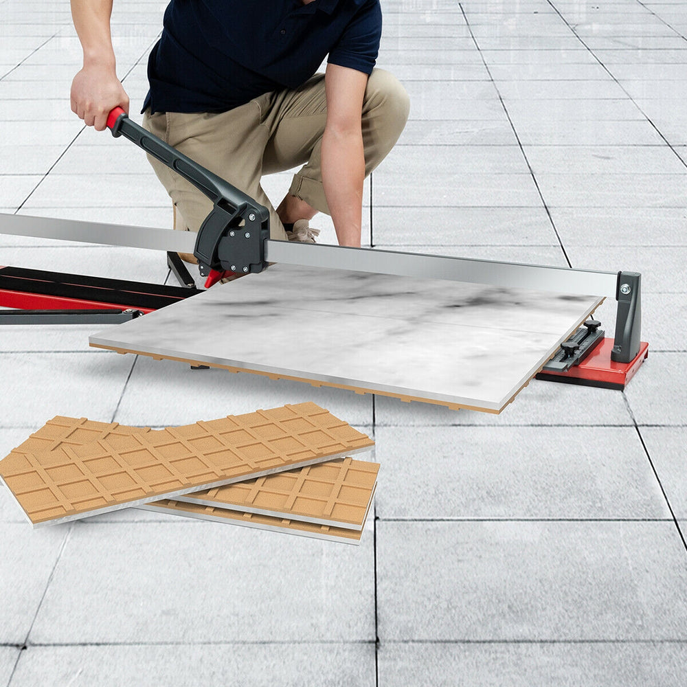 Manual tile cutter with sharp tungsten carbide blade, ergonomic handle, and adjustable side brackets for accurate.