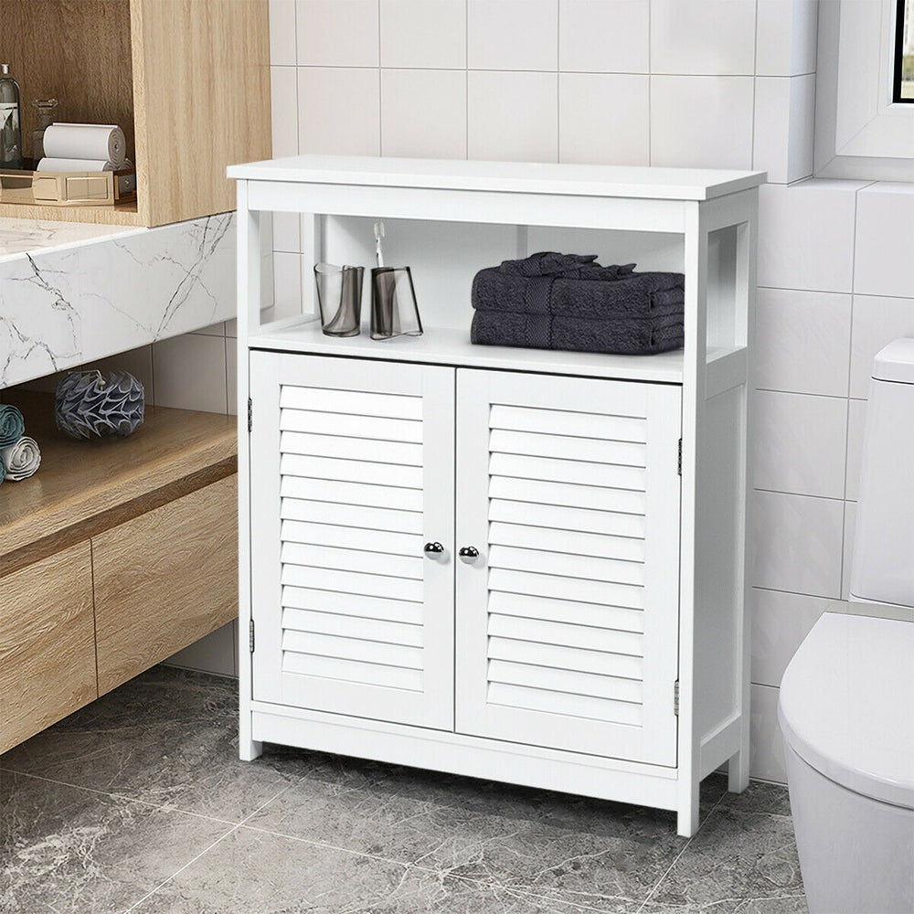 Wood freestanding bathroom storage cabinet in white featuring a spacious open shelf and double shutter doors for.