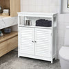 Wood freestanding bathroom storage cabinet in white featuring a spacious open shelf and double shutter doors for.