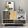 Mid-century buffet sideboard in white and wood finish with wine rack, glass holder, and adjustable shelf for versatile.