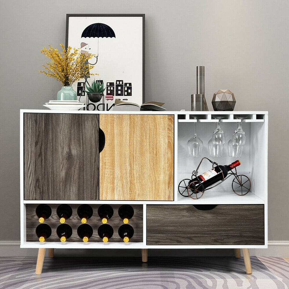 Mid-century buffet sideboard in white and wood finish with wine rack, glass holder, and adjustable shelf for versatile.