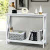 White 2-tier console table with X-design, crafted from durable P2 MDF, ideal for living rooms and entryways.