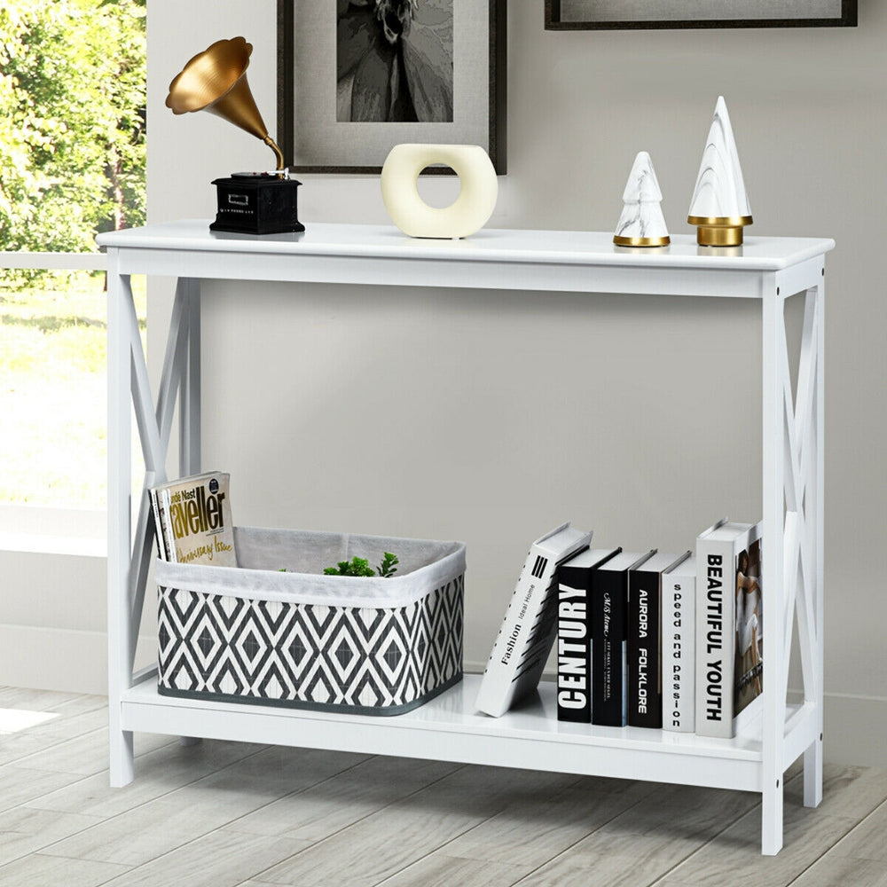 White 2-tier console table with X-design, crafted from durable P2 MDF, ideal for living rooms and entryways.