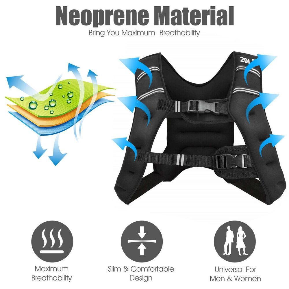 Training weight vest made of breathable neoprene with adjustable buckles, ideal for running and muscle building.
