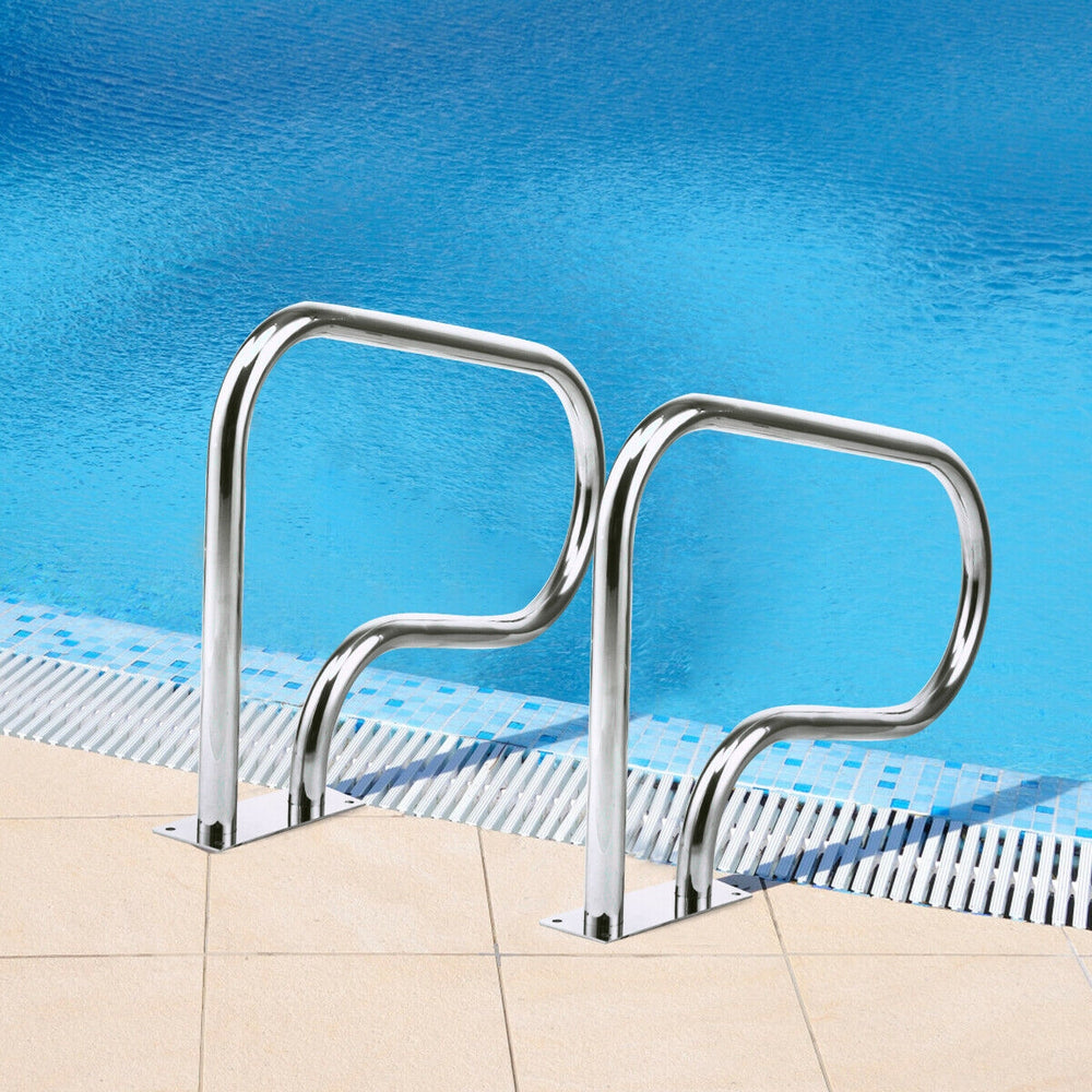 Stainless steel swimming pool handrail with a square base, designed for stability and easy entry or exit from the pool.