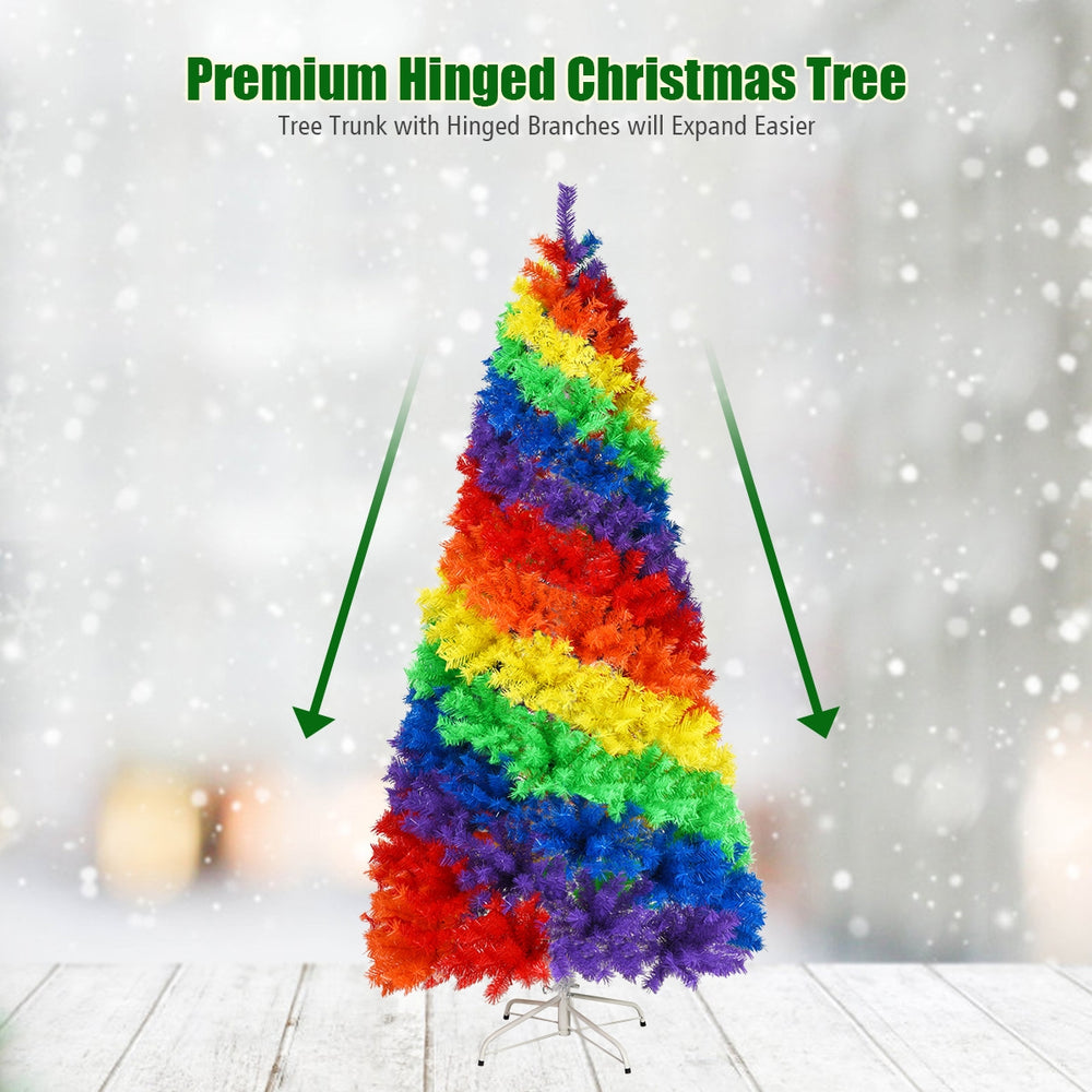 7-foot artificial Christmas tree with 1213 rainbow branch tips, hinged design for easy setup, perfect for festive.