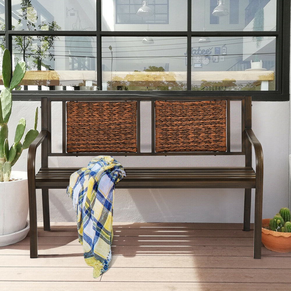 Patio garden bench featuring a spacious seat and soft rattan backrest, ideal for comfortable outdoor gatherings.