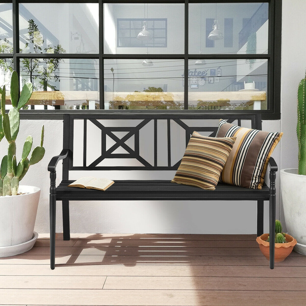 Patio garden bench with powder coated steel frame, featuring ergonomic armrests and classic design, ideal for outdoor.