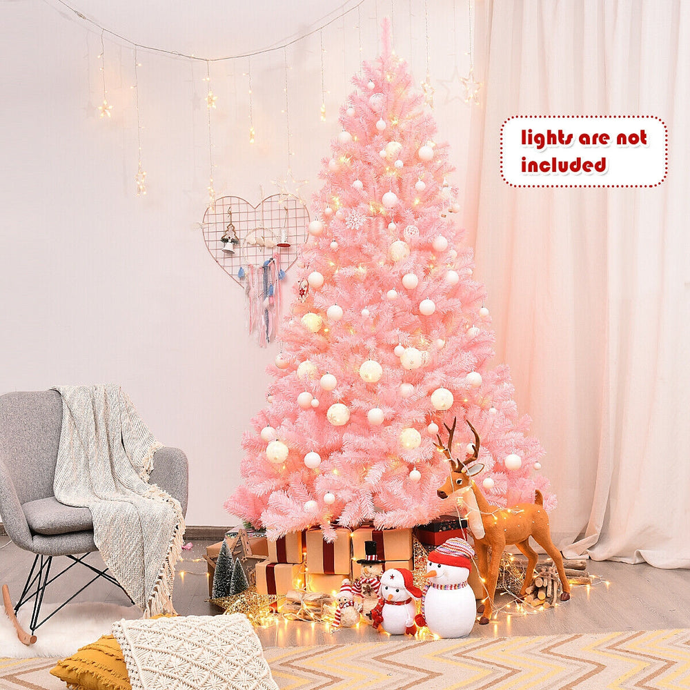 Pink 7.5 feet hinged artificial Christmas tree with full-bodied design, perfect for festive home or commercial.
