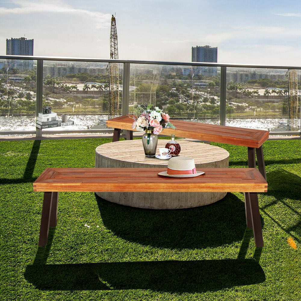 Set of 2 acacia wood dining benches with steel legs, perfect for outdoor patio use and easy to clean.