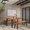 Rectangular acacia wood dining table with steel legs, featuring a waterproof surface, ideal for garden or patio use.