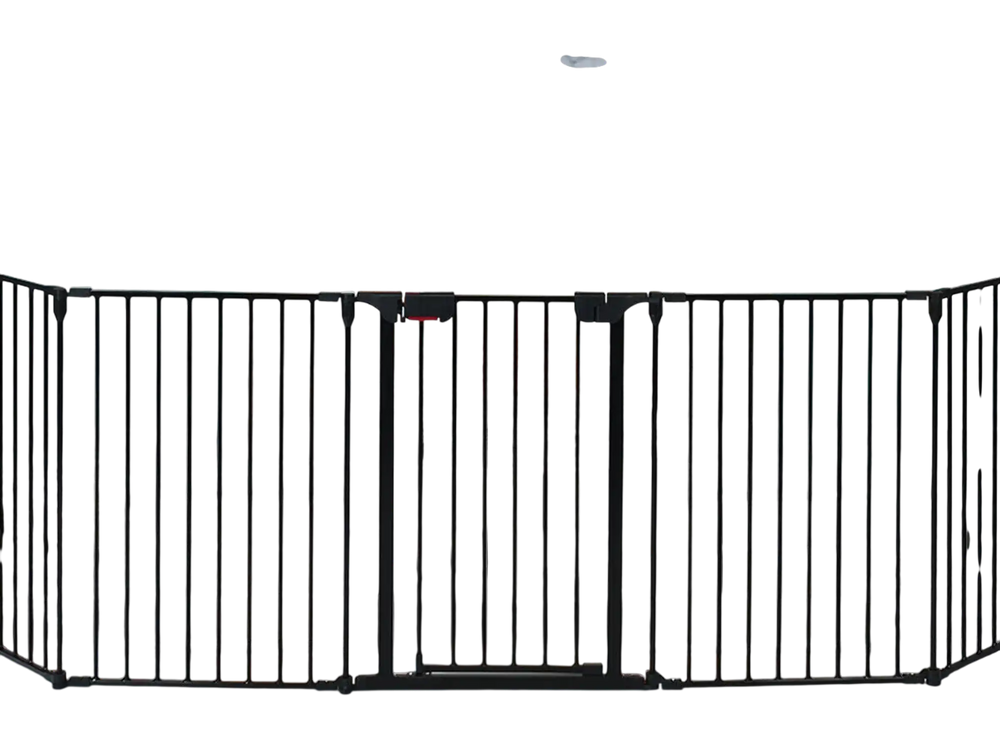 5-panel adjustable black fireplace fence made of heavy-duty steel, ideal as a safety barrier for pets or toddlers.