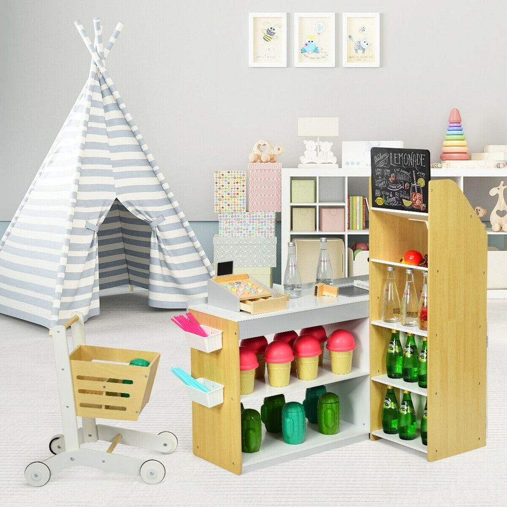 Grocery store playset featuring a checkout counter, shopping cart, and colorful accessories for imaginative pretend.