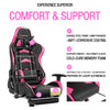 Massage gaming chair in pink with adjustable backrest, footrest, and lumbar pillow for ultimate comfort and support.