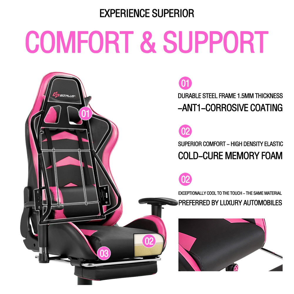 Massage gaming chair in pink with adjustable backrest, footrest, and lumbar pillow for ultimate comfort and support.