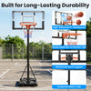 Portable basketball hoop with adjustable height from 3.3 to 10 feet, featuring a shatterproof backboard and built-in wheels.