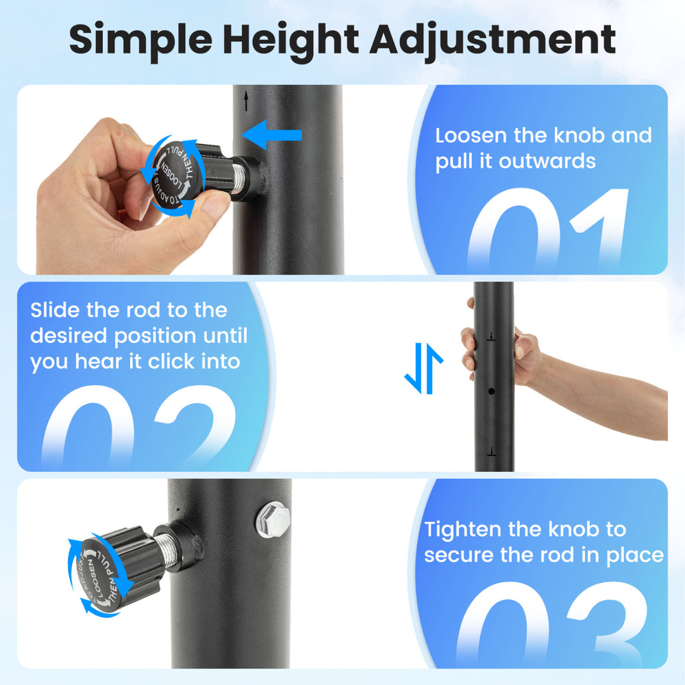 Height adjustment knob for the 3.3-10 feet portable basketball hoop, allowing easy height changes for different players.