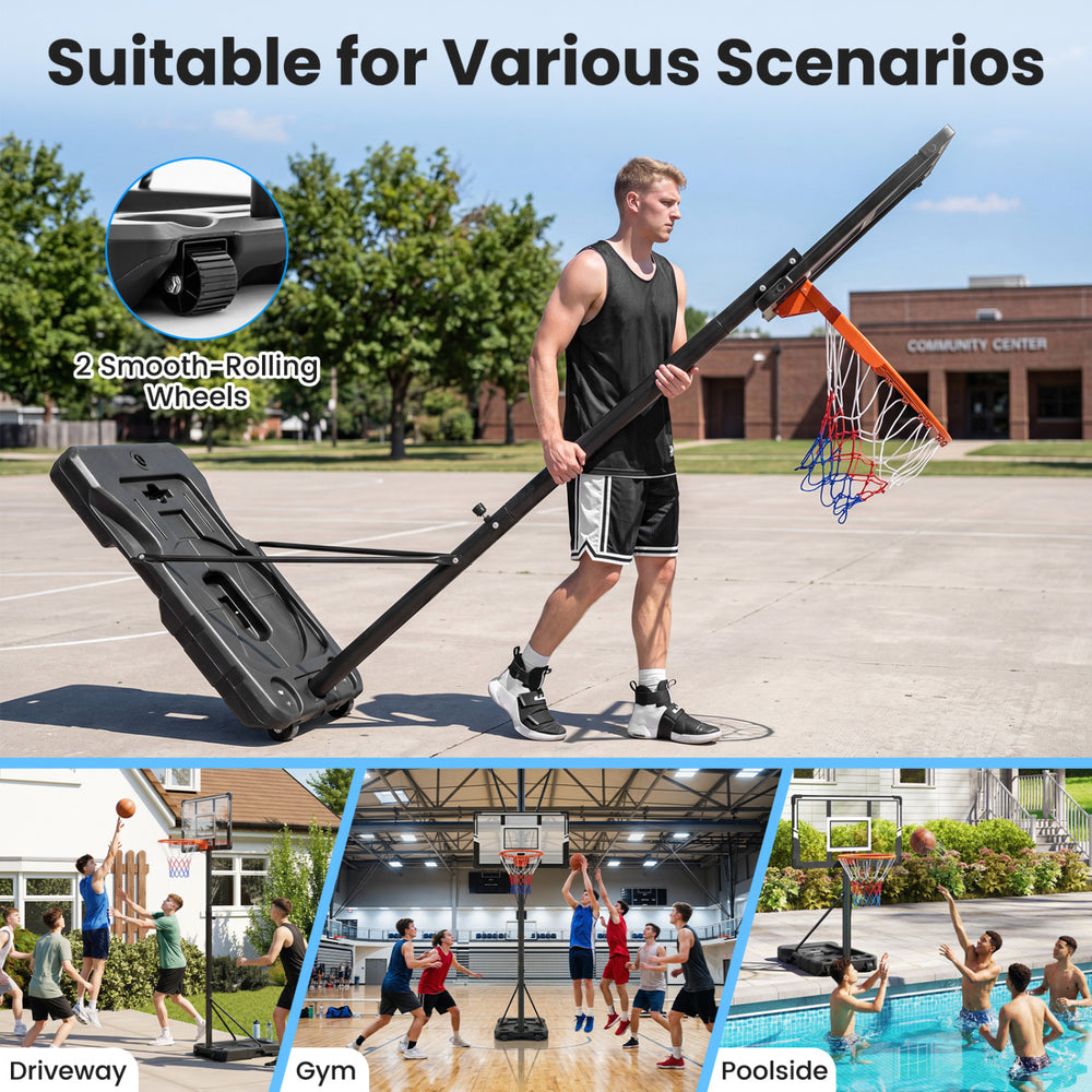 Portable basketball hoop with adjustable height, shatterproof backboard, and smooth-rolling wheels for versatile play.