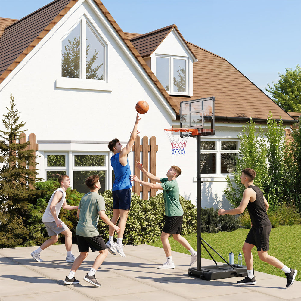 Portable basketball hoop with adjustable height from 3.3 to 10 feet, ideal for outdoor play in backyards or driveways.