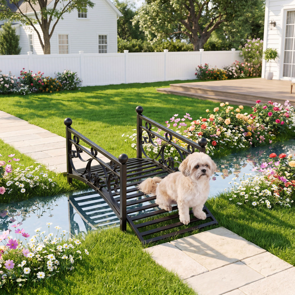 Garden metal bridge with dual patterned side rails, featuring a slatted walkway and reinforced arched frame for.