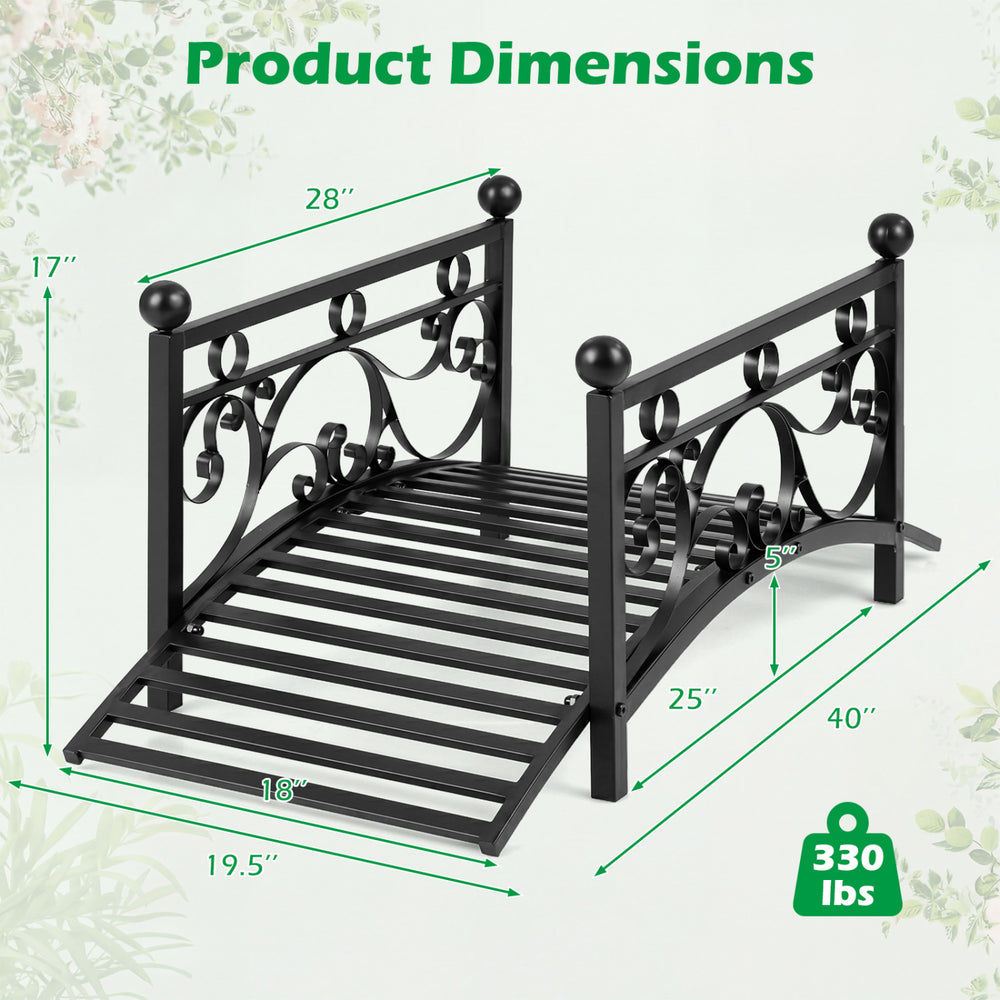 Garden metal bridge with dual patterned side rails, 3.3 ft long, featuring a reinforced arched frame for outdoor.