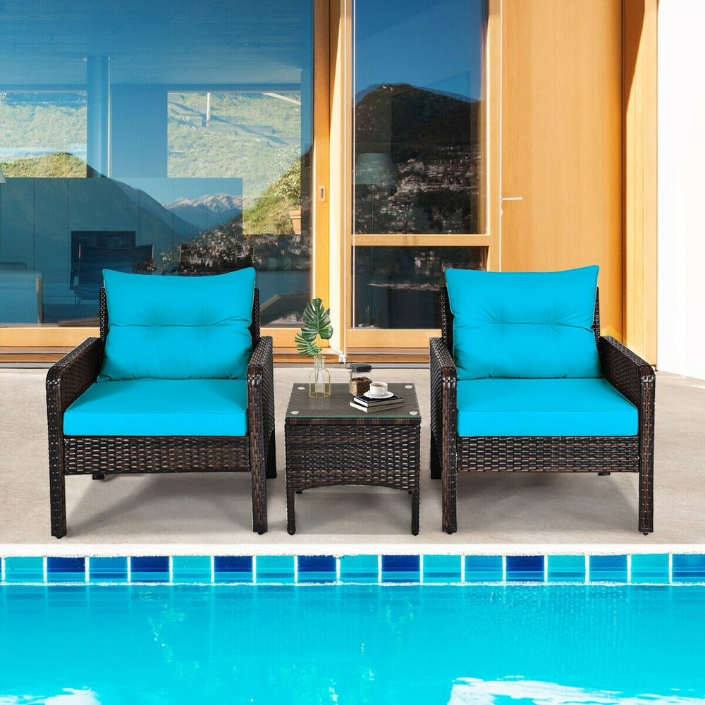 3 Pcs Outdoor Patio Rattan Conversation Set with Seat Cushions-Turquoise - Gallery View 1 of 12