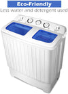 Compact twin tub washing machine with blue wash and spin tubs, ideal for home use in apartments and RVs.