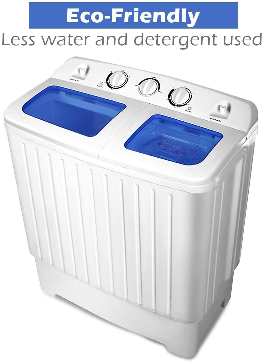 Compact twin tub washing machine with blue wash and spin tubs, ideal for home use in apartments and RVs.
