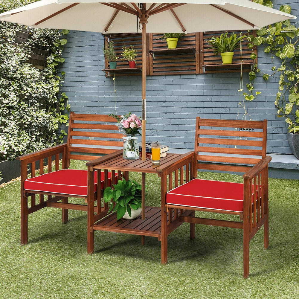 3 pcs Outdoor Patio Table Chairs Set Acacia Wood Loveseat-Red - Gallery View 1 of 13