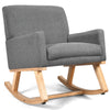Gray upholstered rocking chair with solid wood base, ergonomic design, and cushioned seat for comfort and relaxation.