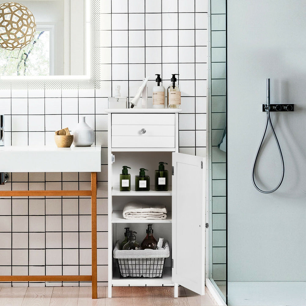 Wooden bathroom floor storage cabinet in pure white with drawer and adjustable shelves, perfect for organizing.