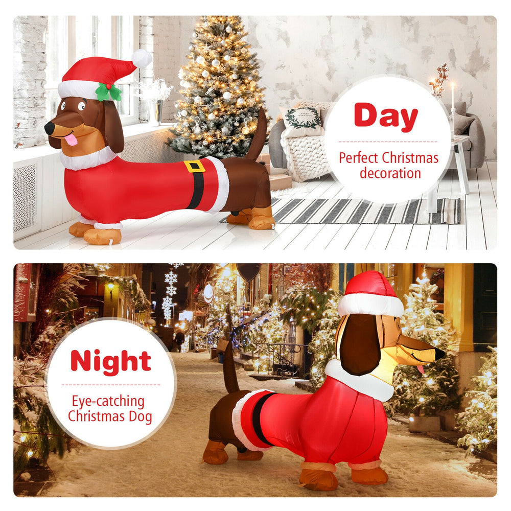 5-foot inflatable Christmas dog with LED lights, wearing a Santa hat, perfect for indoor and outdoor holiday decoration.