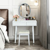 White vanity makeup table set with lighted elliptical mirror, two drawers, and cushioned stool for stylish organization.