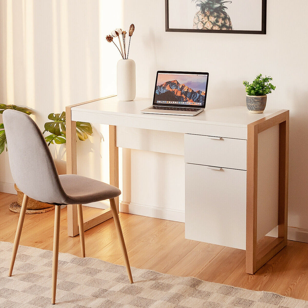 Modern Computer Desk Study Table Writing Workstation with Cabinet and Drawer-White - Gallery View 1 of 12