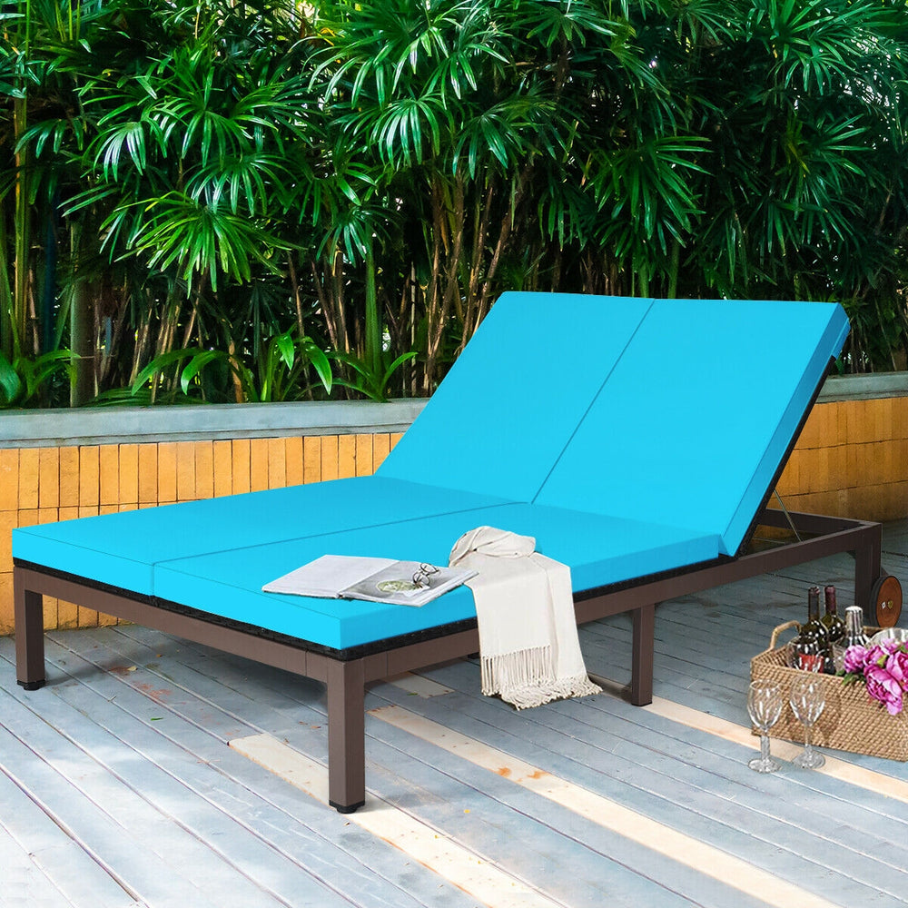 2-Person Patio Rattan Lounge Chair with Adjustable Backrest-Turquoise - Gallery View 1 of 12